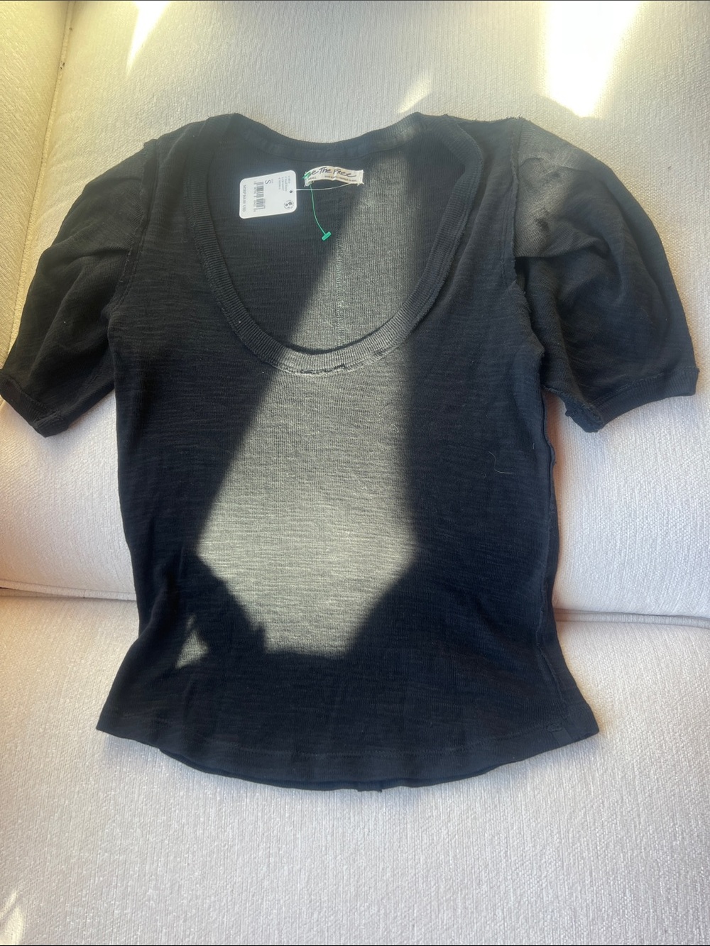 Free People Black Scoop Neck Puff Sleeve Tee